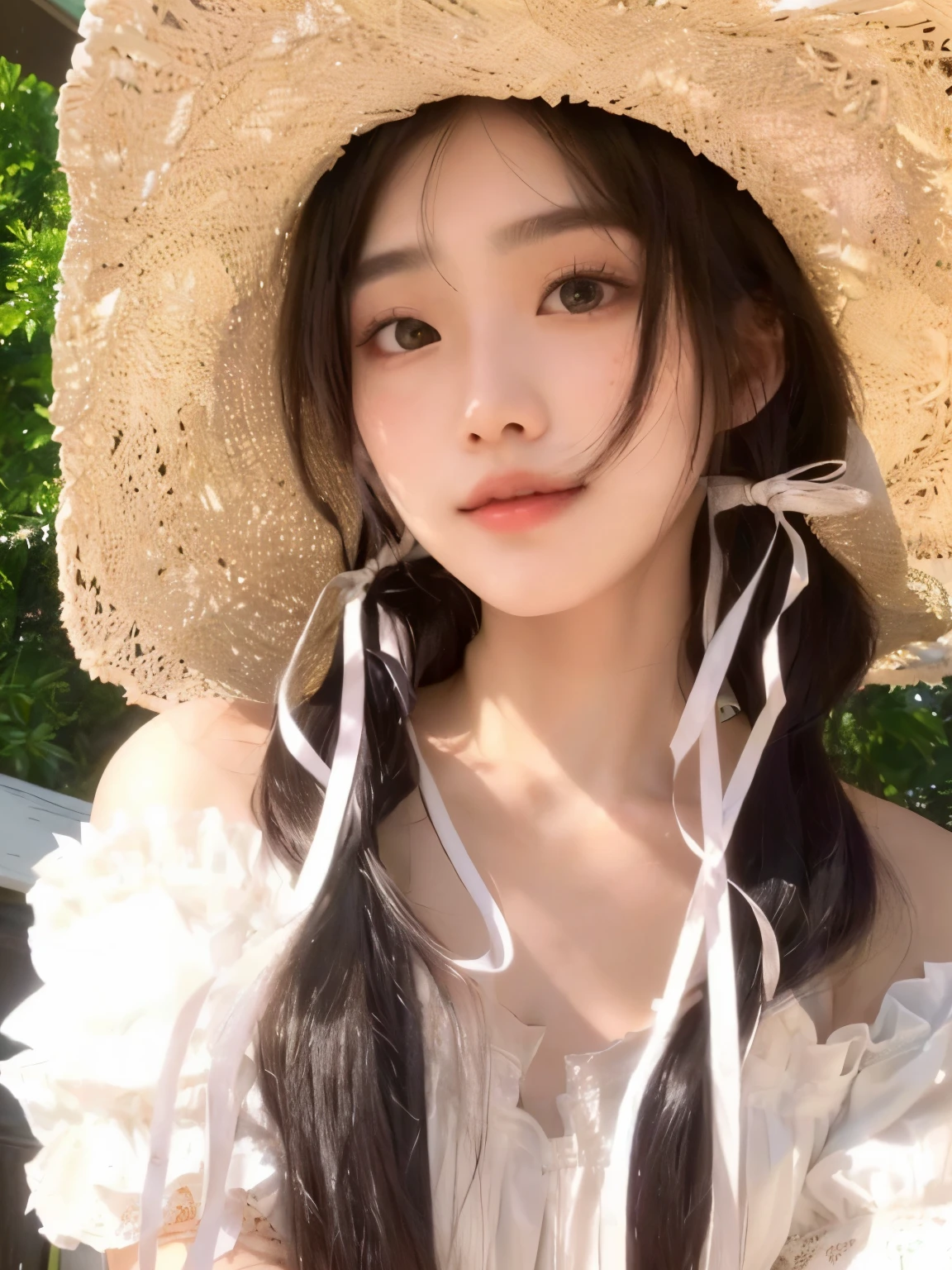 A closeup of a woman wearing a straw hat and a dress, Ulzzang, with straw hat, young lovely korean face, adorable and pale korean face, linda mulher sul-coreana, coreana, maquiagem sul-coreana popular, linda jovem coreana, linda jovem coreana, maquiagem coreana popular, wearing a choker and a cute hat, young pale and beautiful asian face