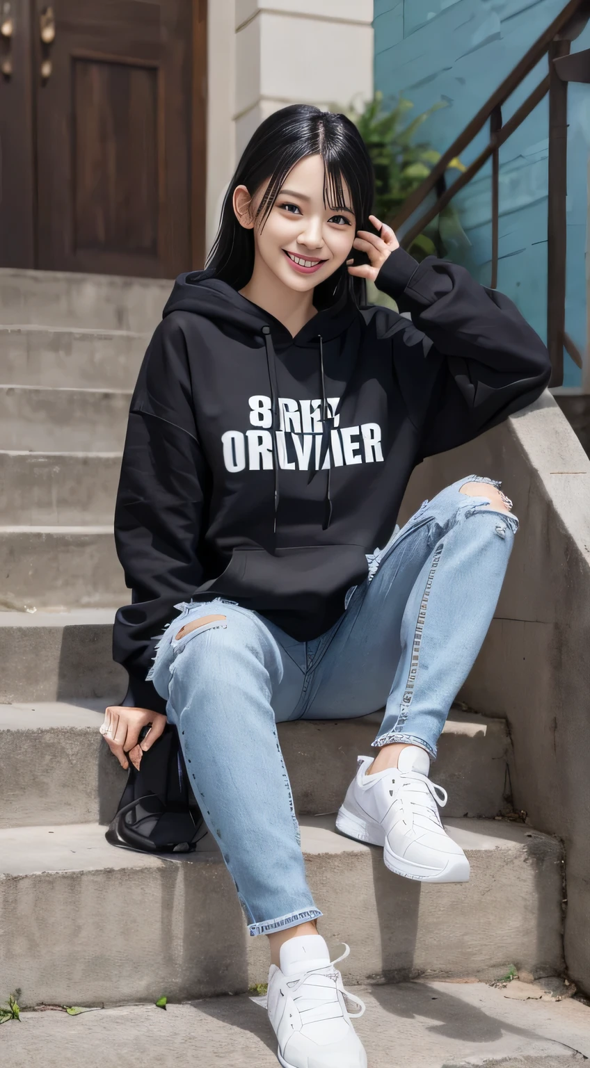 highest quality, Realistic, Very detailed, Finer details, High resolution, 8k wallpaper, One beautiful woman,Sit on the stairs、（Wear black socks）smile、（Beautiful teeth alignment、）（Gums are visible） Oversized hoodie, Skinny jeans,（ Black sneakers）、Black Hair、 Beautiful Bangs、ear piercing、Perfect dynamic composition, Beautiful and detailed, Full Body Shot, A big smile

