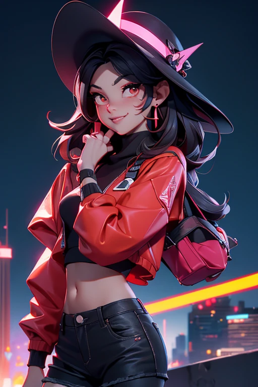 1 chica, hermoso, sonrisa afectada, luciendo un sombrero, pendientes, rojo camo sweatshirt, rojo_shorts cortos, pelo largo, By the chestnut, mask, labios de la nariz, de pie, diafragma, naval, pendientes, (realista:1.5), ciberpunk, neon city, neon lights, 3D, cgi, volumetric lighting