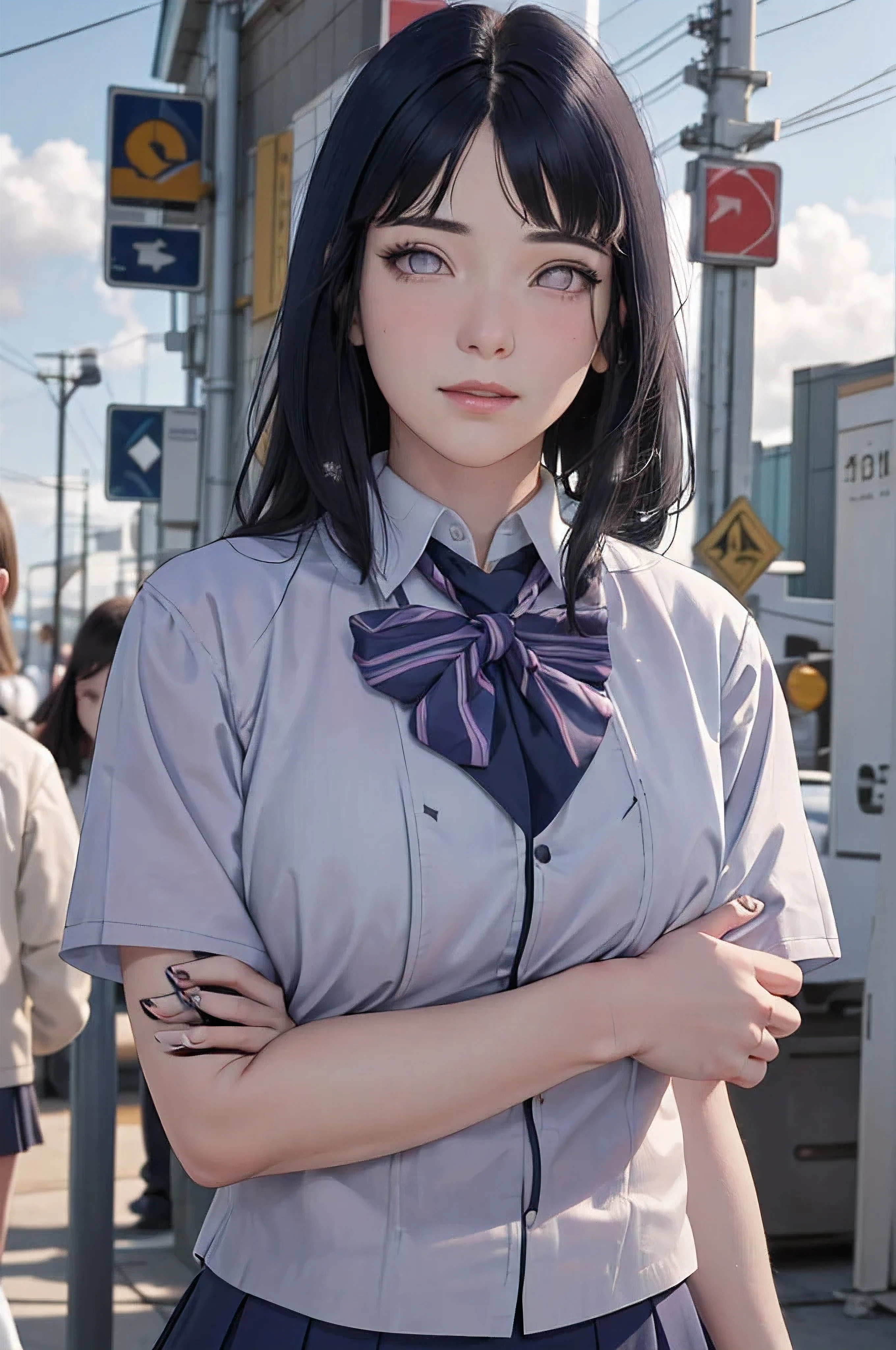 masterpiece, hinata\(boruto\), 1girl, solo, young female, ((((high school uniform)))), (high School), outdoors, looking at viewer, cloudy sky, perfect composition, detailed lips, school building, big breast, beautiful face, body propotion, blush, (pink lips), ((long hair)), purple eyes, soft gaze, sad smile, super realistic, detailed, photoshoot, realistic face and body, realistic hair, realistic eyes, realistic nose, realistic lips, (((dark blue hair))), 25 years old girl, flowing skirt
