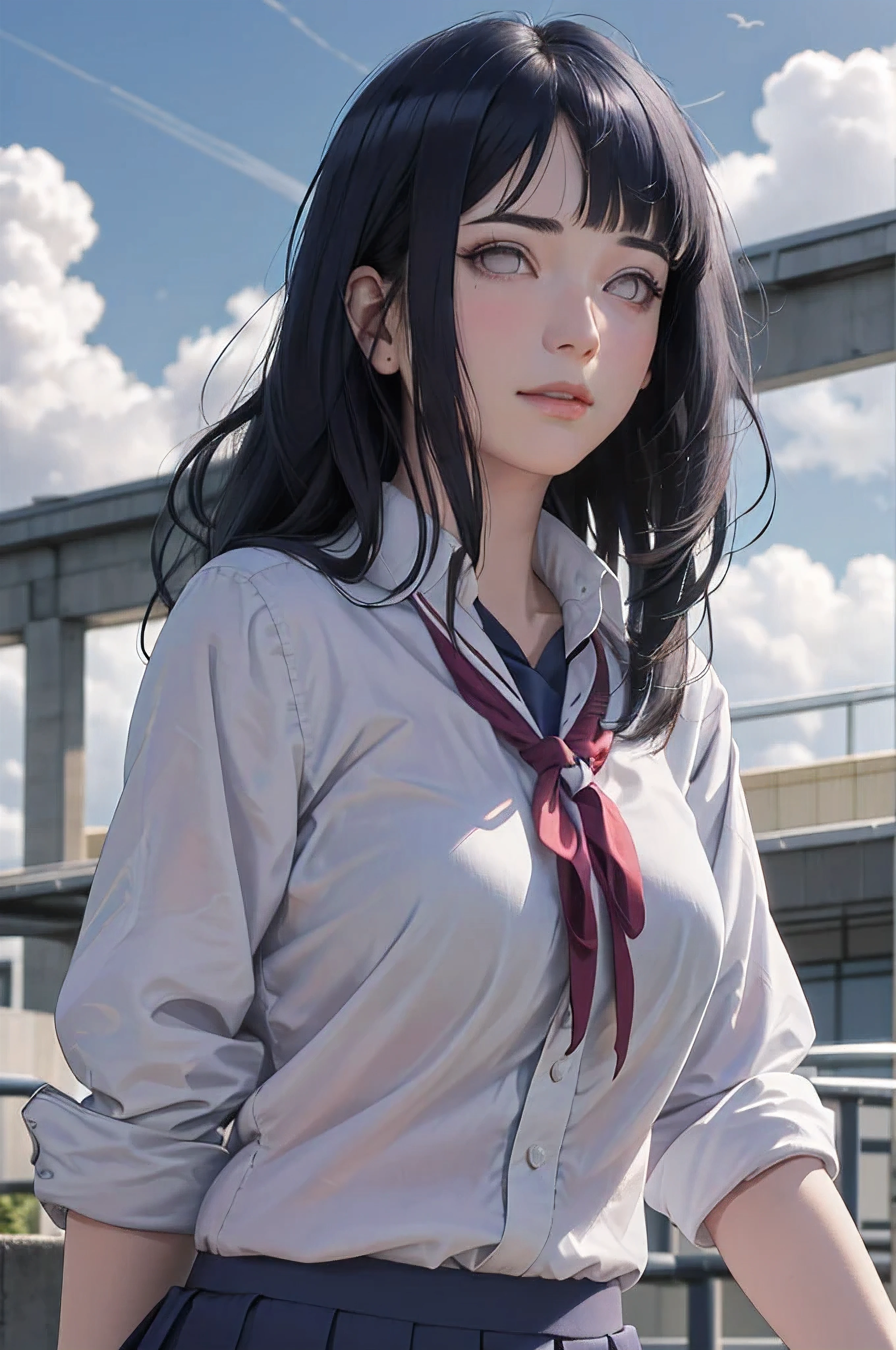 masterpiece, hinata\(boruto\), 1girl, solo, young female, ((((high school uniform)))), (high School), outdoors, looking at viewer, cloudy sky, perfect composition, detailed lips, school building, big breast, beautiful face, body propotion, blush, (pink lips), ((long hair)), purple eyes, soft gaze, sad smile, super realistic, detailed, photoshoot, realistic face and body, realistic hair, realistic eyes, realistic nose, realistic lips, (((dark blue hair))), 25 years old girl, flowing skirt
