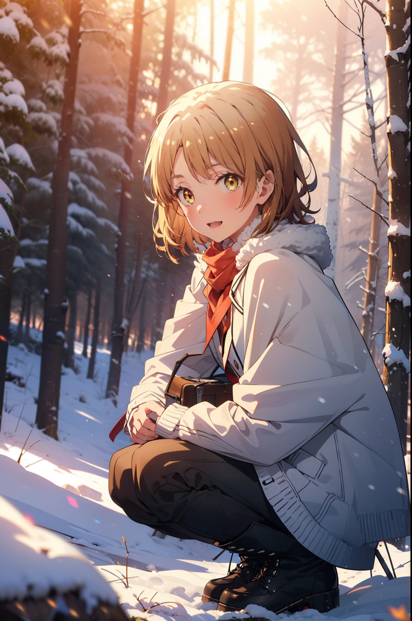 irohaisshiki, Iroha Isshiki, short hair, Brown Hair, (Brown eyes:1.5), smile,
Open your mouth,snow, Ground bonfire, Outdoor, boots, snowing, From the side, wood, suitcase, Cape, Blurred, forest, nature, Brown eyes, Red Handbag, Squat, Mouth closed, Cape, winter, Written boundary depth, Black shoes, red Cape break looking at viewer, Upper Body, whole body, break Outdoor, forest, nature, break (masterpiece:1.2), highest quality, High resolution, unity 8k wallpaper, (shape:0.8), (Beautiful and beautiful eyes:1.6), Highly detailed face, Perfect lighting, Extremely detailed CG, (Perfect hands, Perfect Anatomy),