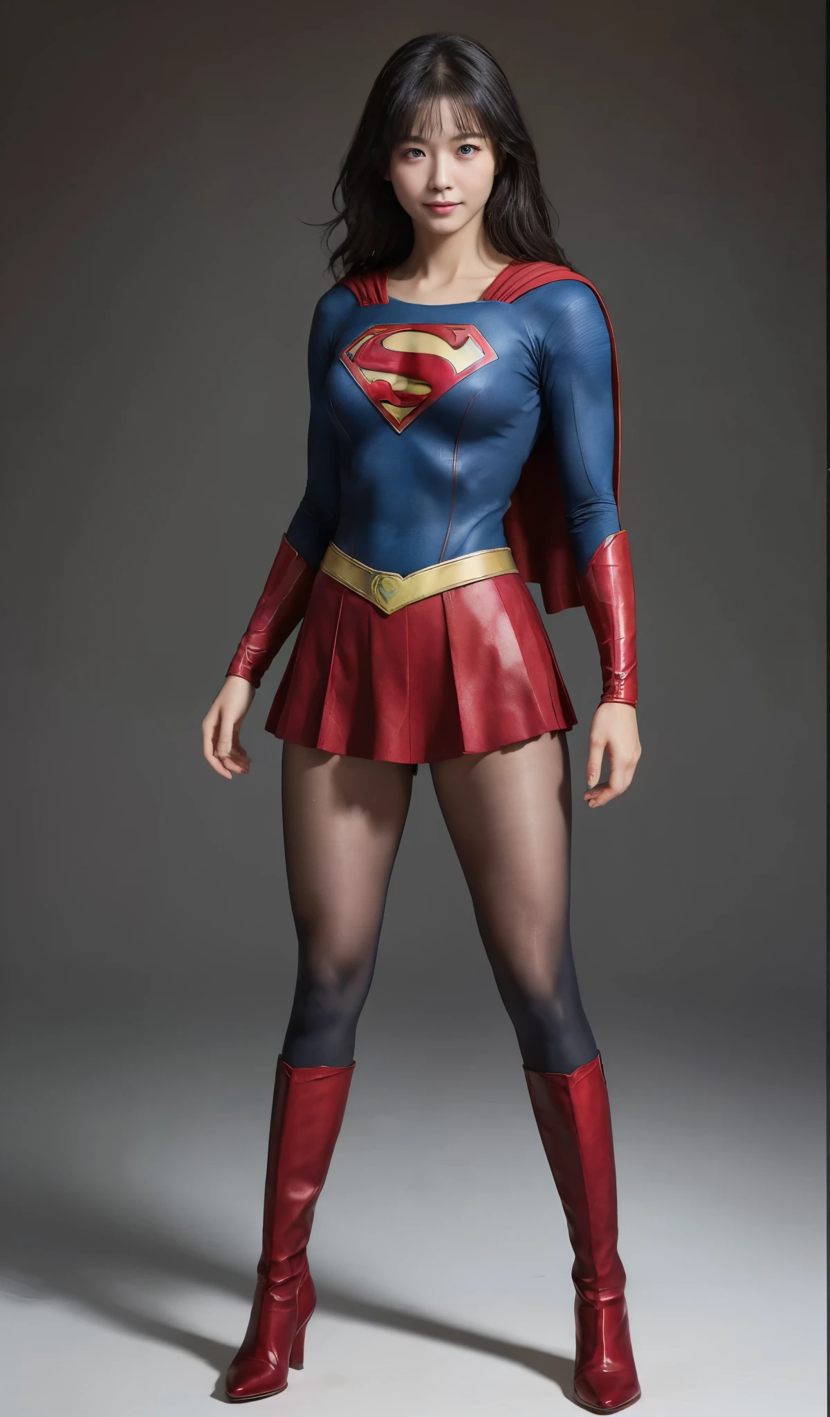 No background、(((Beautiful legs in black tights.)))、(((Legally express the beauty of your smile)))、((((Make the most of your original images)))、(((Supergirl Costume)))、(((Beautiful Hair)))、(((suffering)))、(((Please wear black tights....、Wear red boots)))、((Best image quality、8k))、((highest quality、8k、masterpiece:1.3))、(((Preserve background )))、Sharp focus:1.2、Beautiful woman with perfect figure:1.4、Slim Abs:1.2、Wet body:1.5、Highly detailed face and skin texture、8k