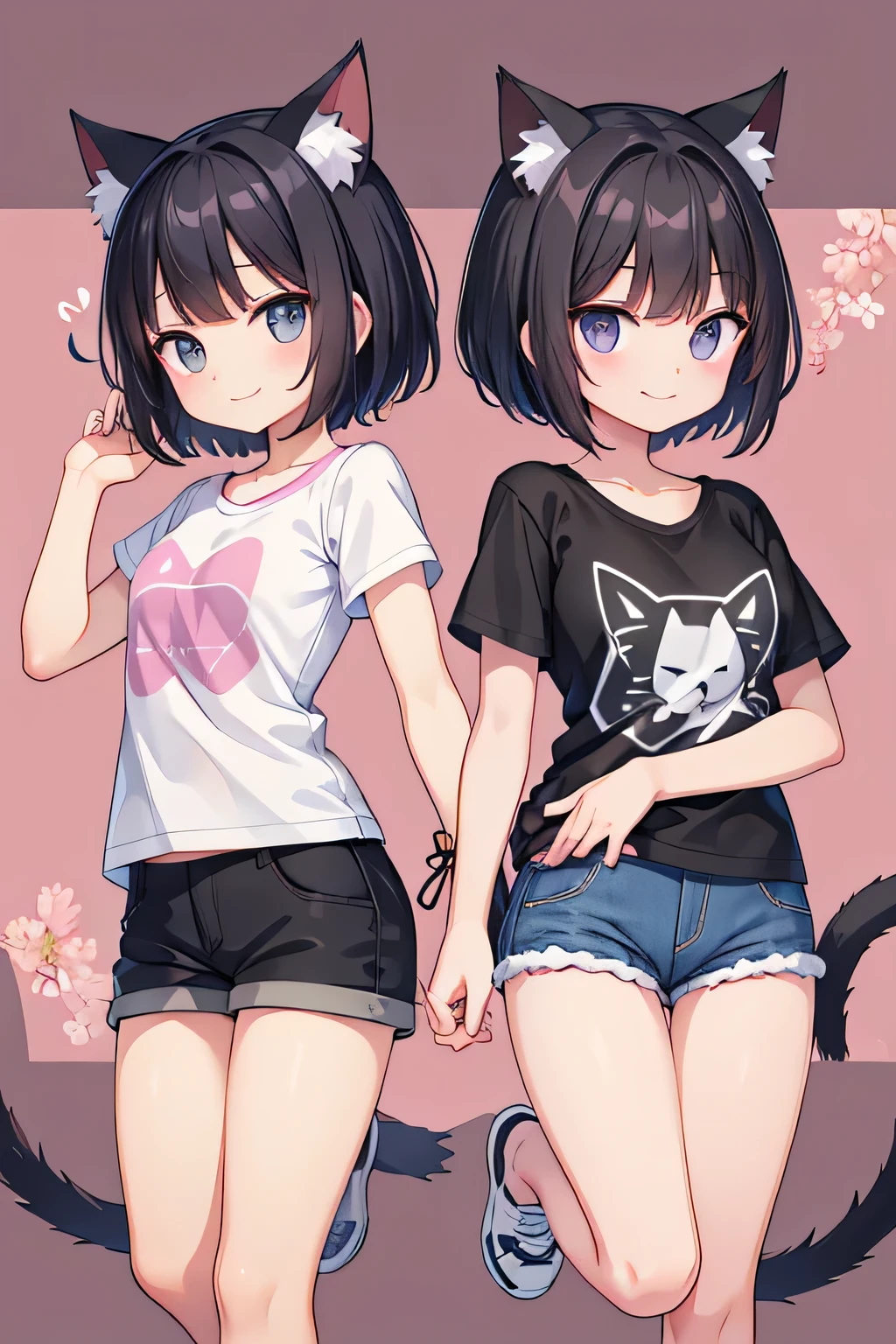 highest quality、Two Girls、Cat ears and short black hair、Dog ears and short brown hair、Cropped T-shirt、Shorts