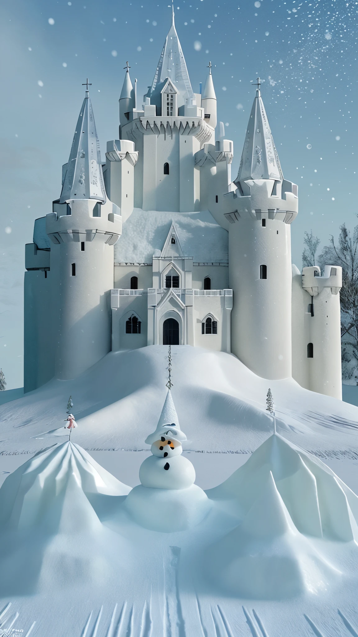 Esta imagem mostra um castelo de Gelo e uma grande quantidade de neve ao redor com um símbolo ❄️ bem grande no meio