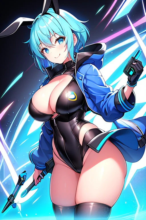 1girl, breasts, thick thighs, hourglass figure, toned, smile, light smile, blue hair, light blue hair, blue eyes, very short hair, pixie cut, shoes, sneakers, kneehighs, bikini, black bikini, jacket, black jacket, open jacket, neon trim, neon, neon lights, blue trim, tech, machinery, science-fiction, futuristic, bunny ears, rabbit ears, cropped jacket, ((cropped jacket))
