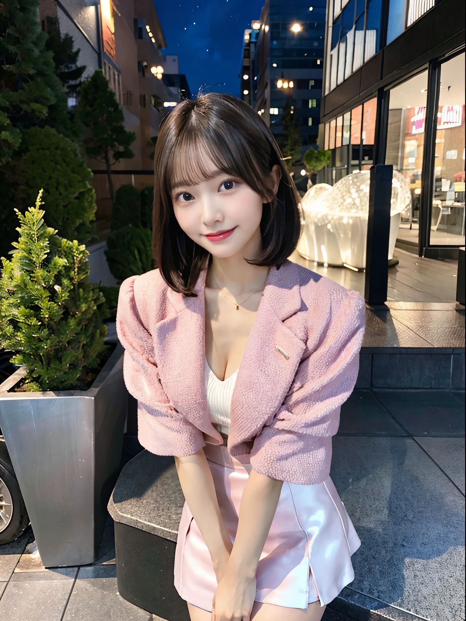 (Very short hairstyle)、Brown eyes、Big Eyes、night、night景、Light pink jacket、Short skirt、beauty secretary、(Very large breasts、Very thin and long legs、Perfect figure、High heels、whole body、Big smile)、1 female、No makeup、、(masterpiece、8K,RAW Photos、High resolution:1.4)