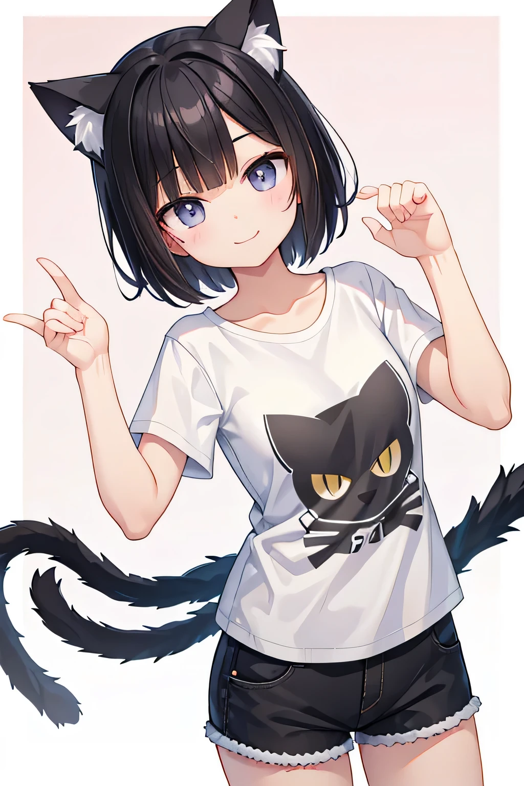 highest quality、Forward bending、Cat ear、Short black hair、Iris、T-Shirts、Shorts、smile