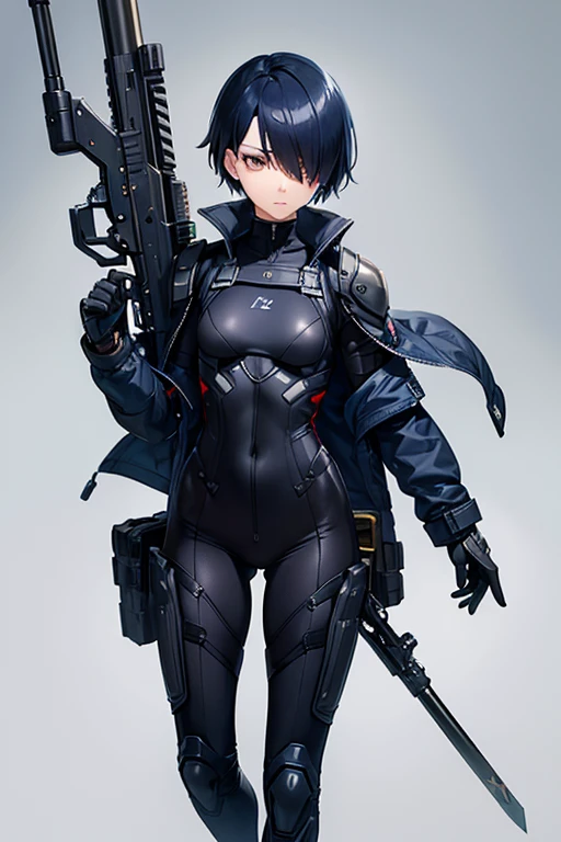 Dark blue hair，short hair，neutral，boyish，Hiding one eye，I hid one eye with my hair，slender，Rin々A funny face，Powered Suit，Reinforced Suit，Black suit，mechanical，Science fiction，Black sleeveless coat，With a sword，headgear，Small breasts，Small breasts，Flat Chest，tall，Slightly muscular，Handsome，The innerwear is a bodysuit，Armament，Pilot Suit，Hard boots，armor，Carrying a rifle，Chest protector，Protector on shoulder，I put on a coat，Waist device，1 person