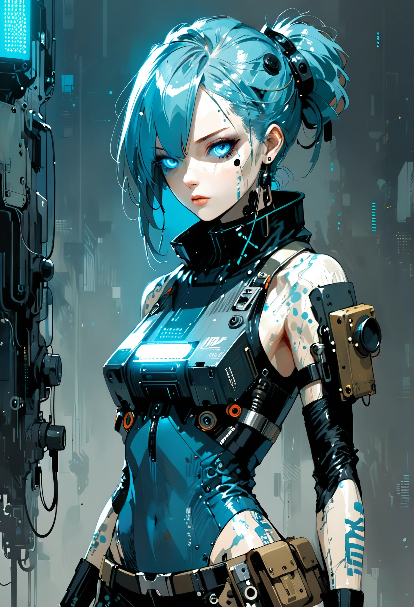 (in style of Ashley Wood:1.4),{in style Harry Clark:0.5},Character concept design,Cyberpunk style female character，Details: glowing dodgerblue eyes，Textured Skin，Gorgeous Clothing
