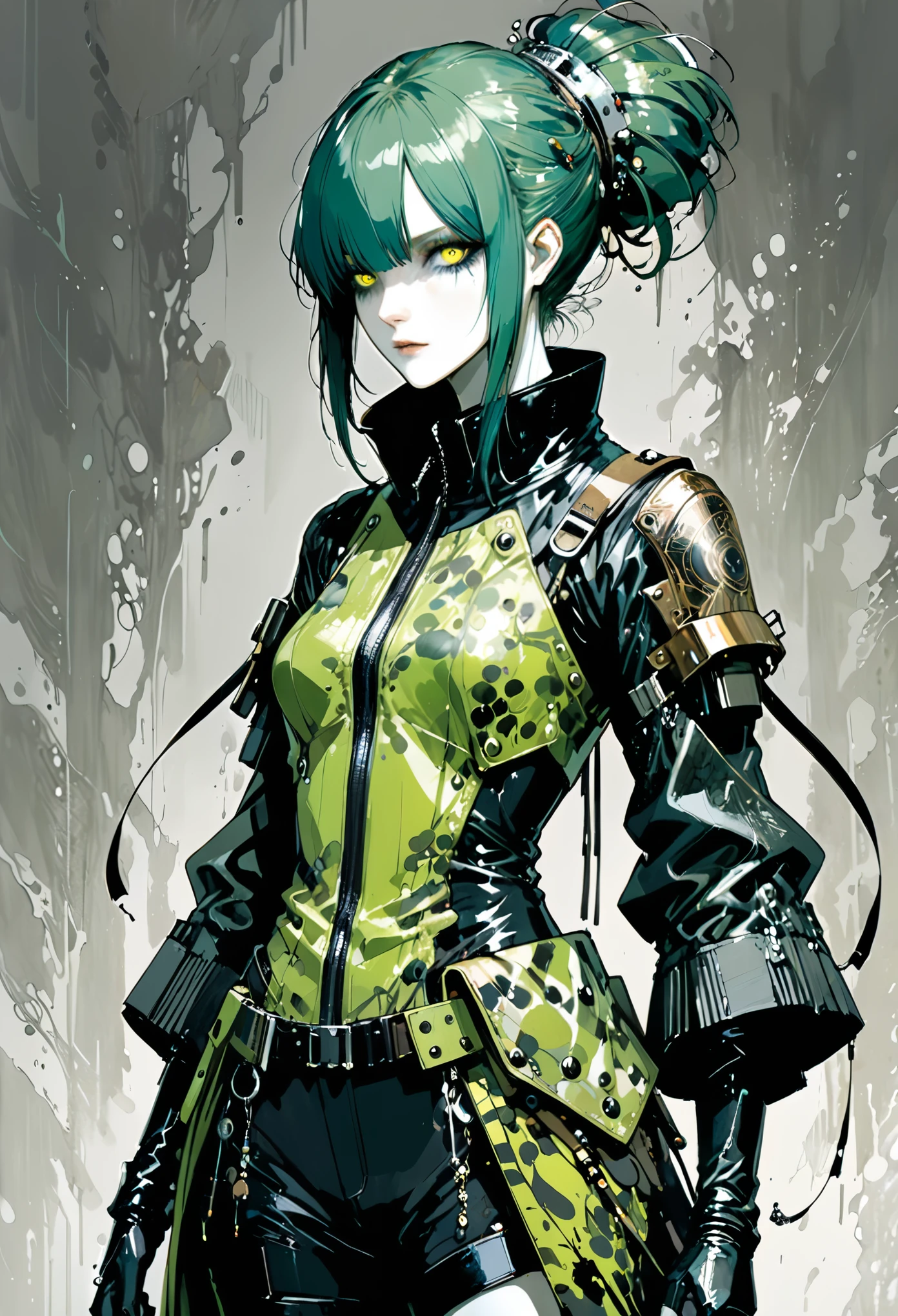 (Ashley Wood (Ashley Wood) 的style:1.4),Harry Clark (Harry Clarke) style,Character concept design,赛博朋克style女性角色,Details: glowing eyes,Textured Skin,Gorgeous Clothing