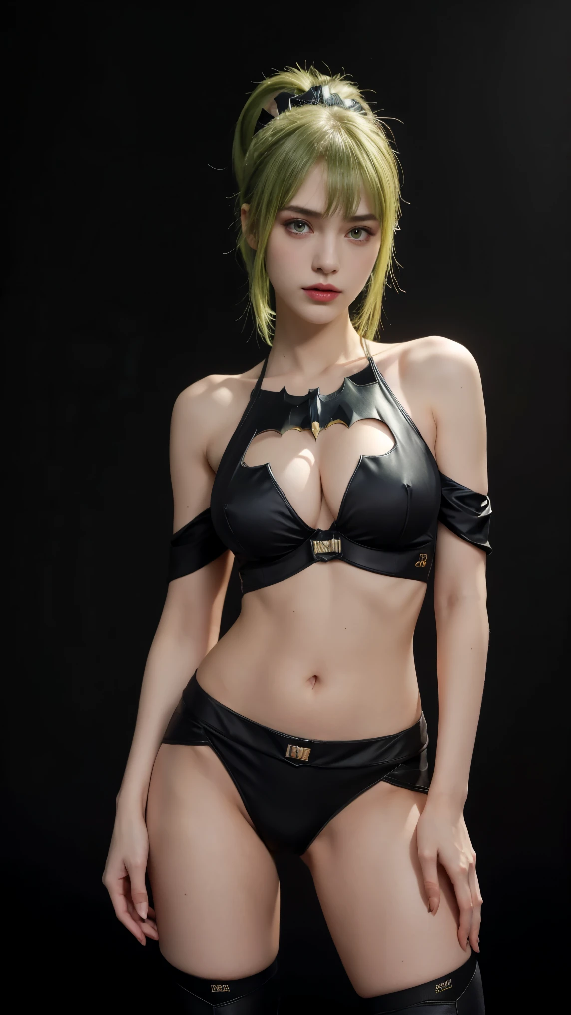 8K, Top Quality, Intricate Details, Ultra Detail, Ultra High Resolution, Masterpiece, close up shot, Slender,, ((Full body )), (Makeup: 0.4), (), , looking at viewer, ((full body)), 1girl, solo, 1 girl, (( )), , , ((tall)), (((fit body))), (((slim face))), sharp face , smile, (( green hair, bangs, long hair, high ponytail )) , (detailed face), sharp face, small lips, standing, feminine pose, , show belly ,, , ((, batman suit )), , ((detail belly )), detail fingers, detail hands, detailed face, detailed breast, huge breast, Narrow Waist, Skinny, 175 cm tall , Muscular, Navel, Exposed Abdomen, , large breast, , , Beautiful girl with accentuated slender abs: 1.4, Six Pack Abs: 1.4, Bust Botox,, Perfect Body, (( dark background)), black background,
