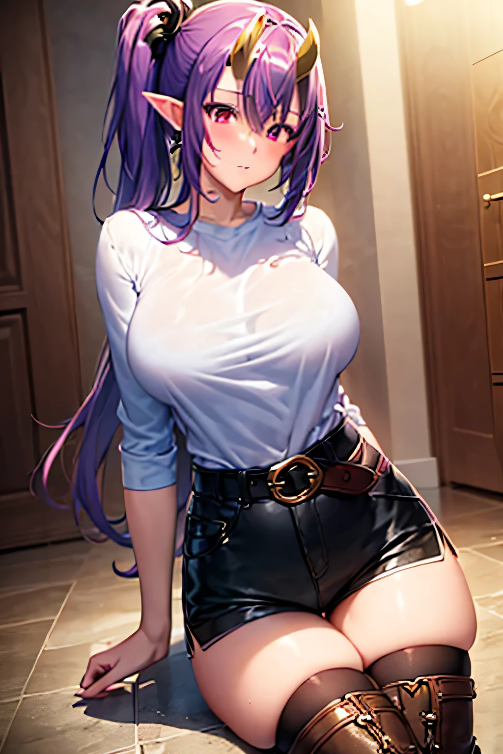 (masterpiece:1.2), best quality, high resolution, unity 8k wallpaper, (illustration:0.8), (beautiful detailed face:1.2, beautiful detailed eyes:1.2), perfect lighting, extremely detailed CG, (perfect hands, perfect anatomy), Cute, beautiful, charming lady, shiny hair, lustrous skin, beautiful light big eyes, milf, married woman, soft With a gentle appearance and a gentle mother-like atmosphere, Feminine style, beautiful kubire, beautiful, naughty face, leviathan_a, long hair, purple hair, straight hair, short high side ponytail, horns, pointy ears, red eyes, large breasts, white shirt, shirt, belt, short shorts, black shorts, thighhighs, striped thighhighs, boots, black boots,