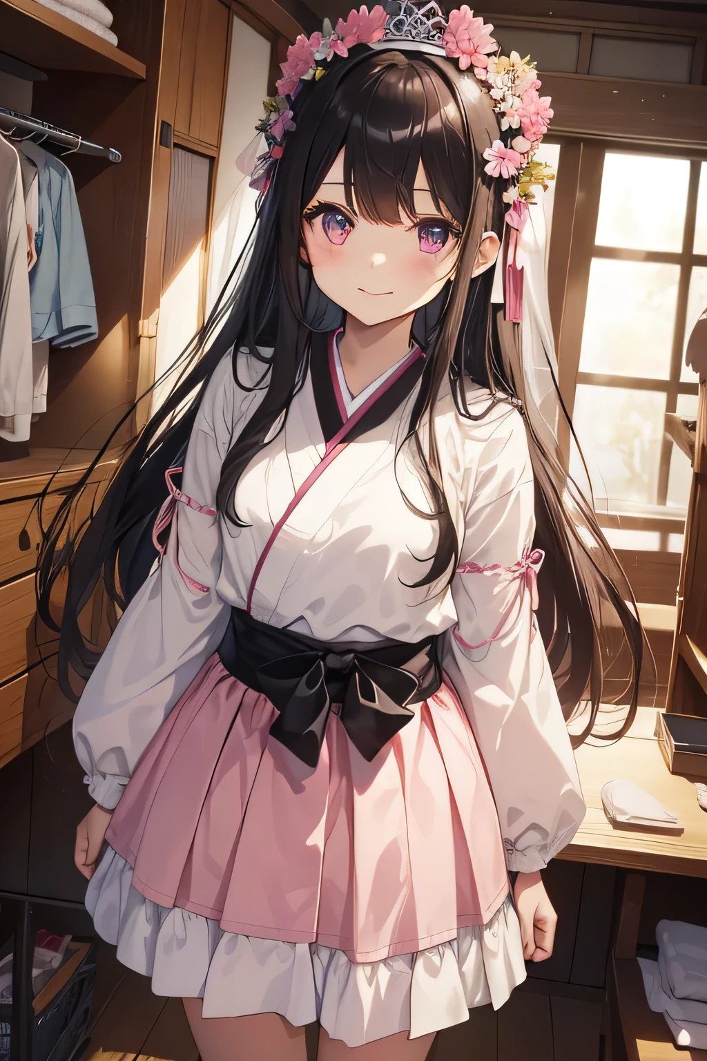 highest quality、Highest quality、Beautiful eyes、Very delicate and beautiful、Beautiful eyes、Pink Eyes、Soio、Soio、11-year-old girl、Japanese、、Chiquita、Noble、Primary school students、Black Hair、barefoot、（Judo）、（Lower body is high-legged）、Tiara on head、smile、Standing, facing forward、The background is the changing room