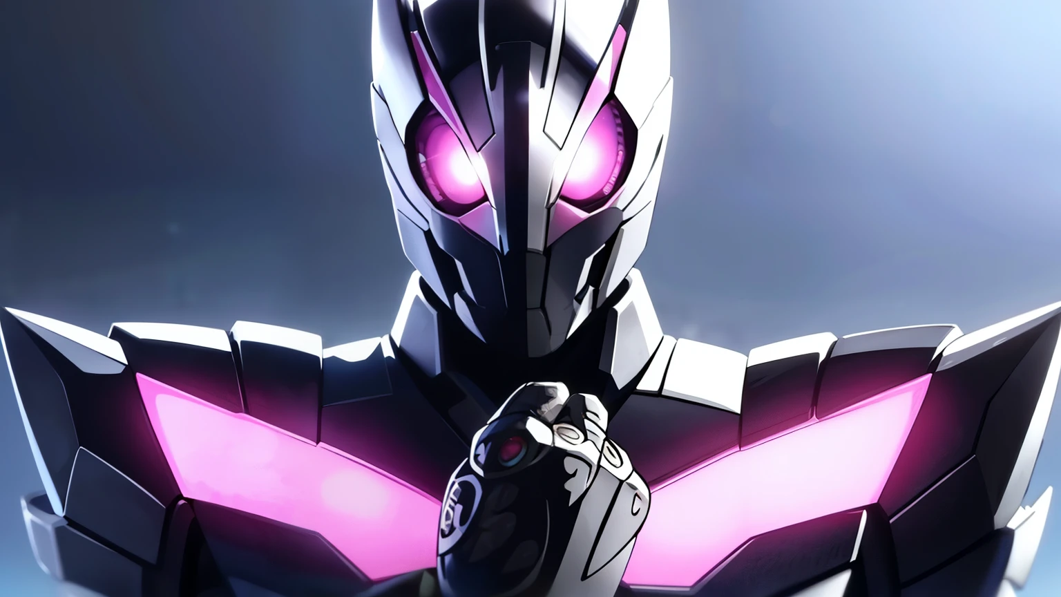 1male, kamen rider, black and white armor, pink hue, cerulean blue LED eyes, black hole motif, star motif, futuristic, visual novel cg style, BREAK looking at viewer, BREAK (masterpiece:1.2), best quality, high resolution, unity' 8k wallpaper, (illustration:0.8), (beautiful detailed eyes:1.6), extremely detailed face, perfect lighting, extremely detailed CG, (perfect hands, perfect anatomy)