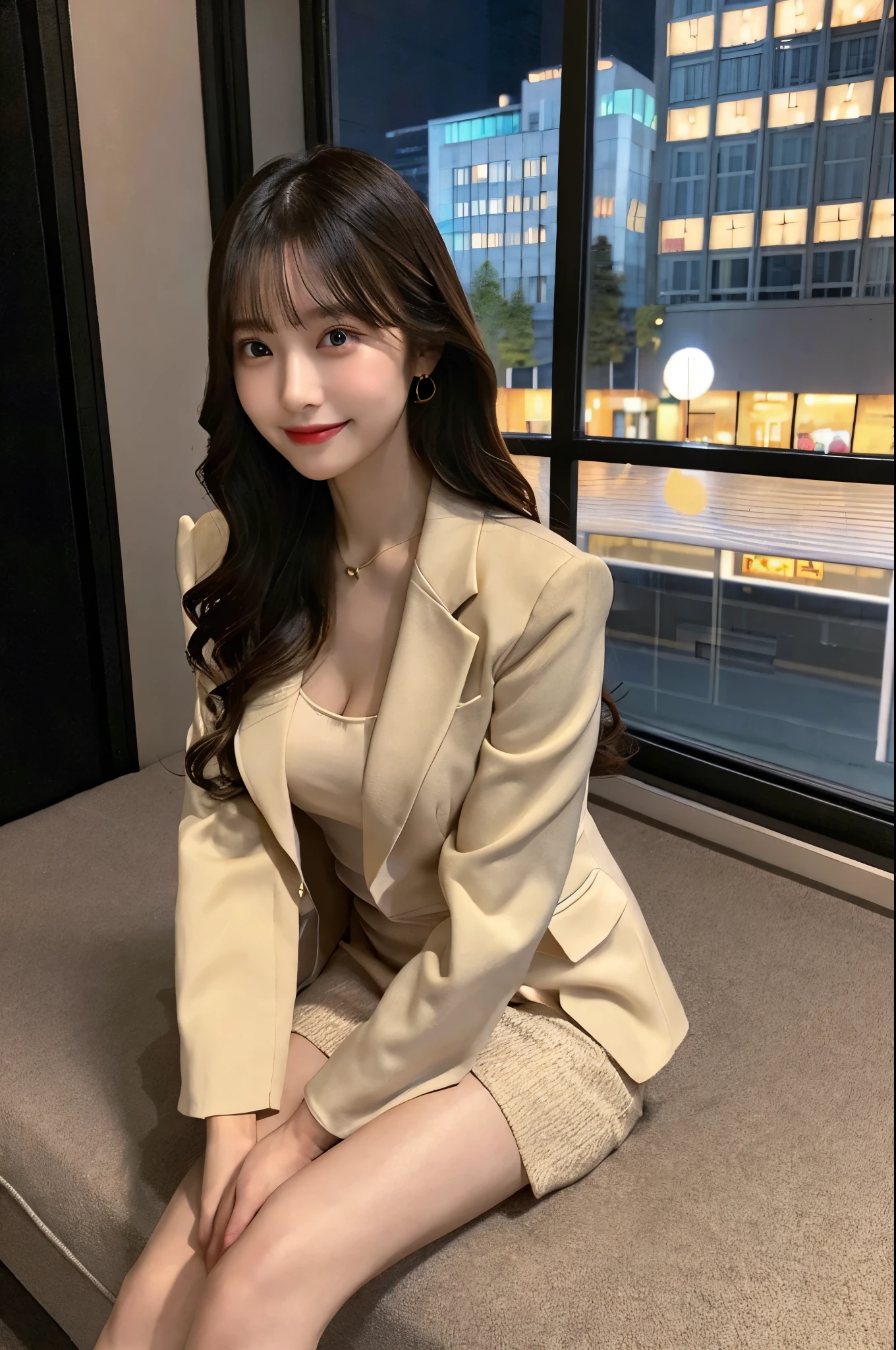 Night view、window、office、Woman kneeling、Tightly knit hair、Jacket、Beige suit、Short skirt、Cleavage(Very large breasts、Very thin and long legs、Perfect figure、High heels、whole body、smile)、1 female、No makeup、23 years old、(masterpiece、8K,RAW Photos、High resolution:1.4)