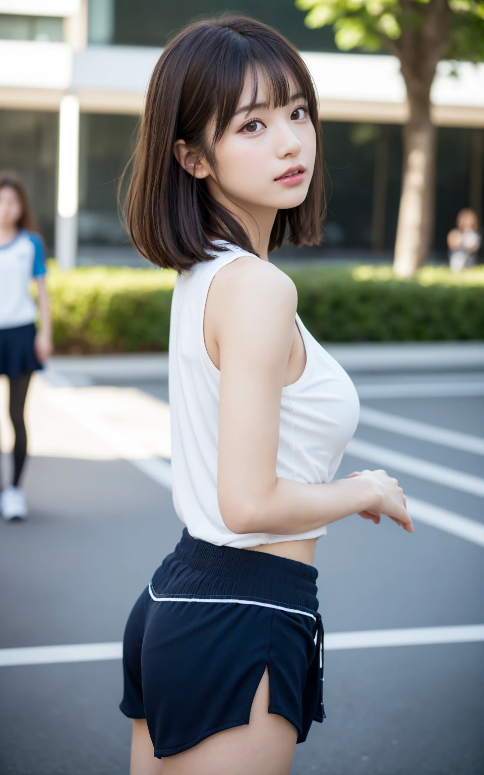 （8k、live-action、Raw photo、highest quality、masterpiece：1.2),(Outdoors,Front lighting:1.2),((Perfect lighting)),(Long Bob Cut),Watching the audience,Looking up,Looking at the front,Sexy pose, back,strong,Erotic,18-year-old,student,White skin,knees,Absurd,Small Face,前hairを真ん中から分けます、The forehead is visible,(Be embarrassed,Tight eyes,Glare,strong,skinny,skinny,get annoyed)、masterpiece,highest quality、超A high resolution,one person, solo,Close-up shot、cute、Back to Students,(Sporty clothes:1.3),High school girl,Japanese women,standing,（フォトReal：1.37）、Photon Mapping,Realistic、cuteSmall Face,Brown eyes、prospect、Depth of written boundary、Blurred Background、Real,(前hairが見える), hair, kneesが見える, thigh,(Nogizaka Idol), actress、Big and ample breasts、Cleavage、Super fine、Low people、(Skin with visible pores:1.2)、(Focus on the face)、8 heads、Natural neck、Check and correct the skeleton