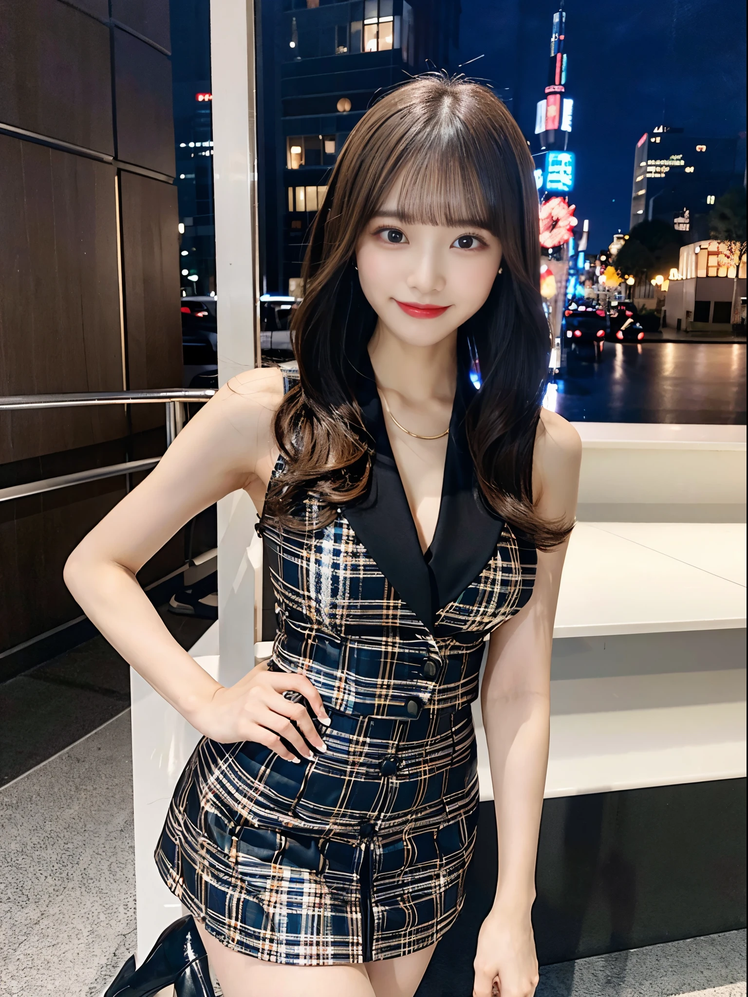 （Very short hairstyle）、Brown eyes、Big Eyes、night、night景、Black business suit、Checkered short skirt、beauty secretary、（Very large breasts、Very thin and long legs、Perfect figure、High heels、whole body、Big smile）、1 female、No makeup、17 years old、（masterpiece、8K,RAW Photos、High resolution:1.4）
