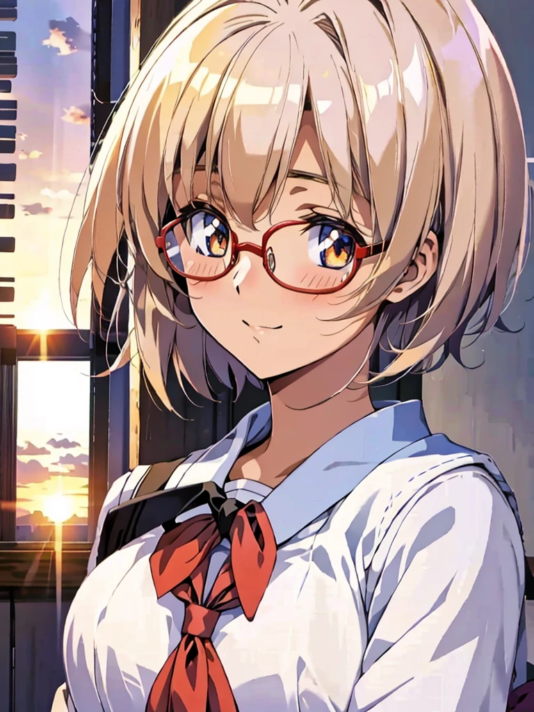 Japanese, one, high school girls, school classrooms, evening, sunset, short hair, round glasses, school sailor uniforms, gently smiling, blushing, high -quality, high -definition, high -definition, masterpiece , Upper body