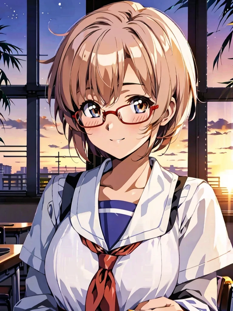 Japanese, one, high school girls, school classrooms, evening, sunset, short hair, round glasses, school sailor uniforms, gently smiling, blushing, high -quality, high -definition, high -definition, masterpiece , Upper body