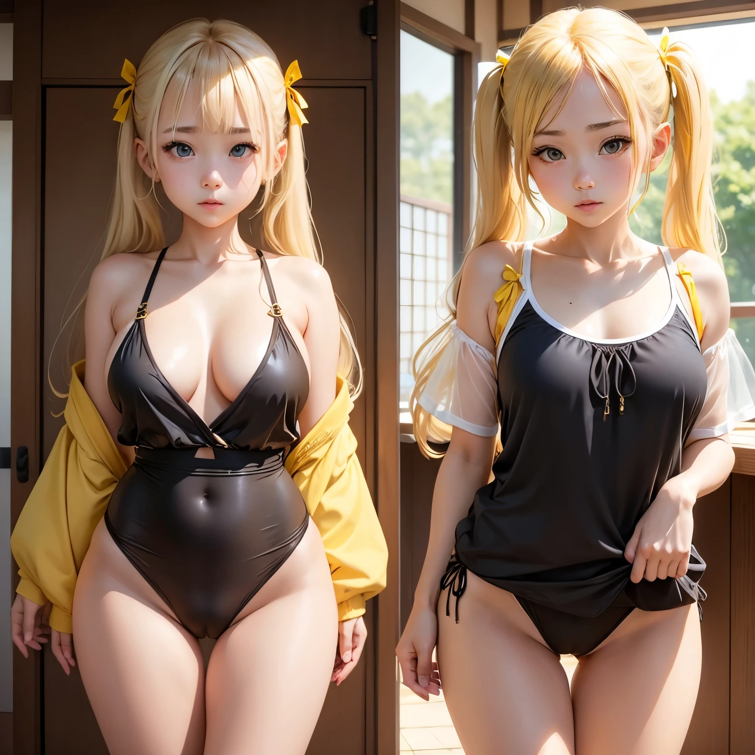 Blonde、Beautiful young woman、Twin tails、Yellow ribbon hair accessory、Japanese School Swimsuit、Sheer clothing、Attractive clothes、Exposed skin、Transparent panties、Thong