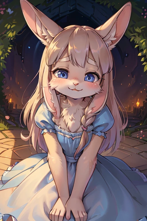 hairy rabbit princess , (realistic hairy rabbit fur:1.5) , round face , (tilt face:1.2) , (half-open eyes:1.5) , moist round eyes , Swollen cheeks , Seduction smile , glossy lips , semi long hair , princess dress , Alice in Wonderland , twilight , Adorable gestures , dynamic angle , nag factor , Gently guide , labyrinth , look of pain