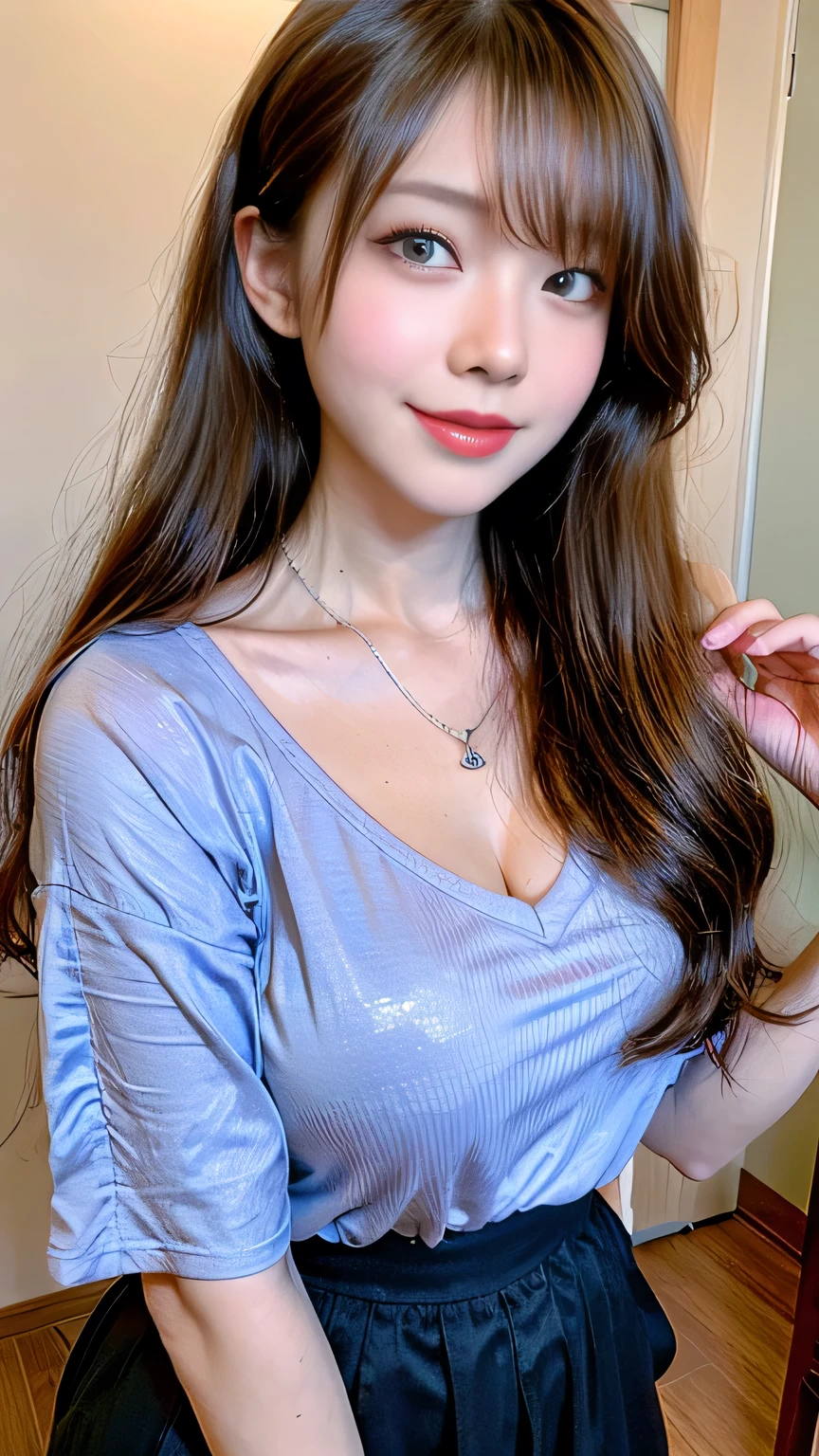 Full Body Angle、((highest quality, 8K, masterpiece: 1.3)), concentrated: 1.2, Cute girl 1,Nipples erect、 Perfect beauty: 1.4,Crisscross V-neck T-shirt, Casual summer short sleeve t-shirt: 1.2,Long sleeve、Randall Color、comics&Text Graphics、Black ruffle-trimmed drawstring zip blouse,1.1, Highly detailed face and skin textures, Fine grain, double eyelid, whitening skin, ,highest quality,Ultra-high resolution,you,1 girl,alone,_Shiny_skin,Iris,necklace,((Brown_length_Wavy_hair)),(lips)),eyelash,Front hair,deal with,compensate,Shiny,pore,skin texture,Large Breasts、smiling face、Front hair、