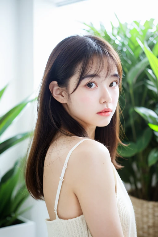Real, Best Quality, Girl, Beautiful Girl, High Resolution, Natural Skin, Portrait, Looking at Camera, Photo_Light, {{}}, Ulzzang-6500-v1.1:0.8 Facing forward, standing upright, no makeup, in front of an inorganic white wall indoors.