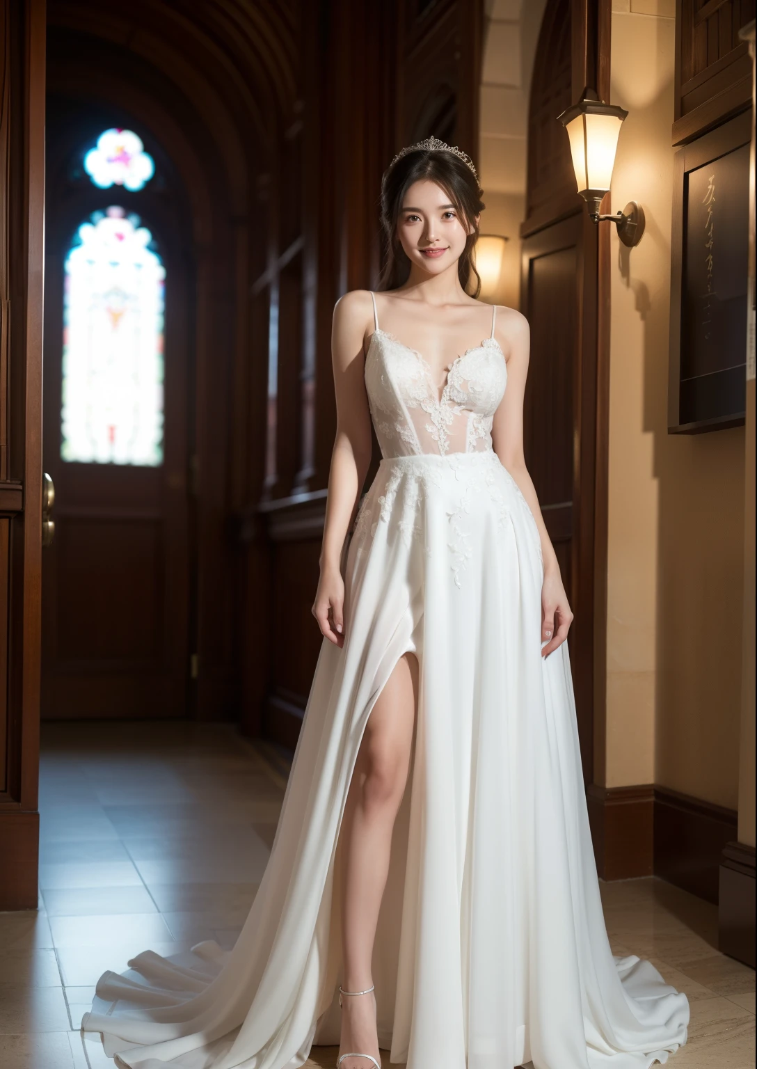 Beautiful 25 year old woman。She is wearing a summer wedding dress. She is shying and smiling on illuminated by the evening church lights . her black hair. High resolution、masterpiece、highest quality、頭w:1.0、((Hasselblad Photos))、fine skin、(movie lighting)、clavicle . full body picture.