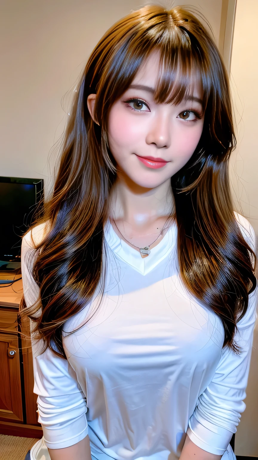 Full Body Angle、((highest quality, 8K, masterpiece: 1.3)), concentrated: 1.2, Cute girl 1,Nipples erect、 Perfect beauty: 1.4,Crisscross V-neck T-shirt, Casual summer short sleeve t-shirt: 1.2,Long sleeve、Randall Color、comics&Text Graphics、Black ruffle-trimmed drawstring zip blouse,1.1, Highly detailed face and skin textures, Fine grain, double eyelid, whitening skin, ,highest quality,Ultra-high resolution,you,1 girl,alone,_Shiny_skin,Iris,necklace,((Brown_length_Wavy_hair)),(lips)),eyelash,Front hair,deal with,compensate,Shiny,pore,skin texture,Large Breasts、smiling face、Front hair、