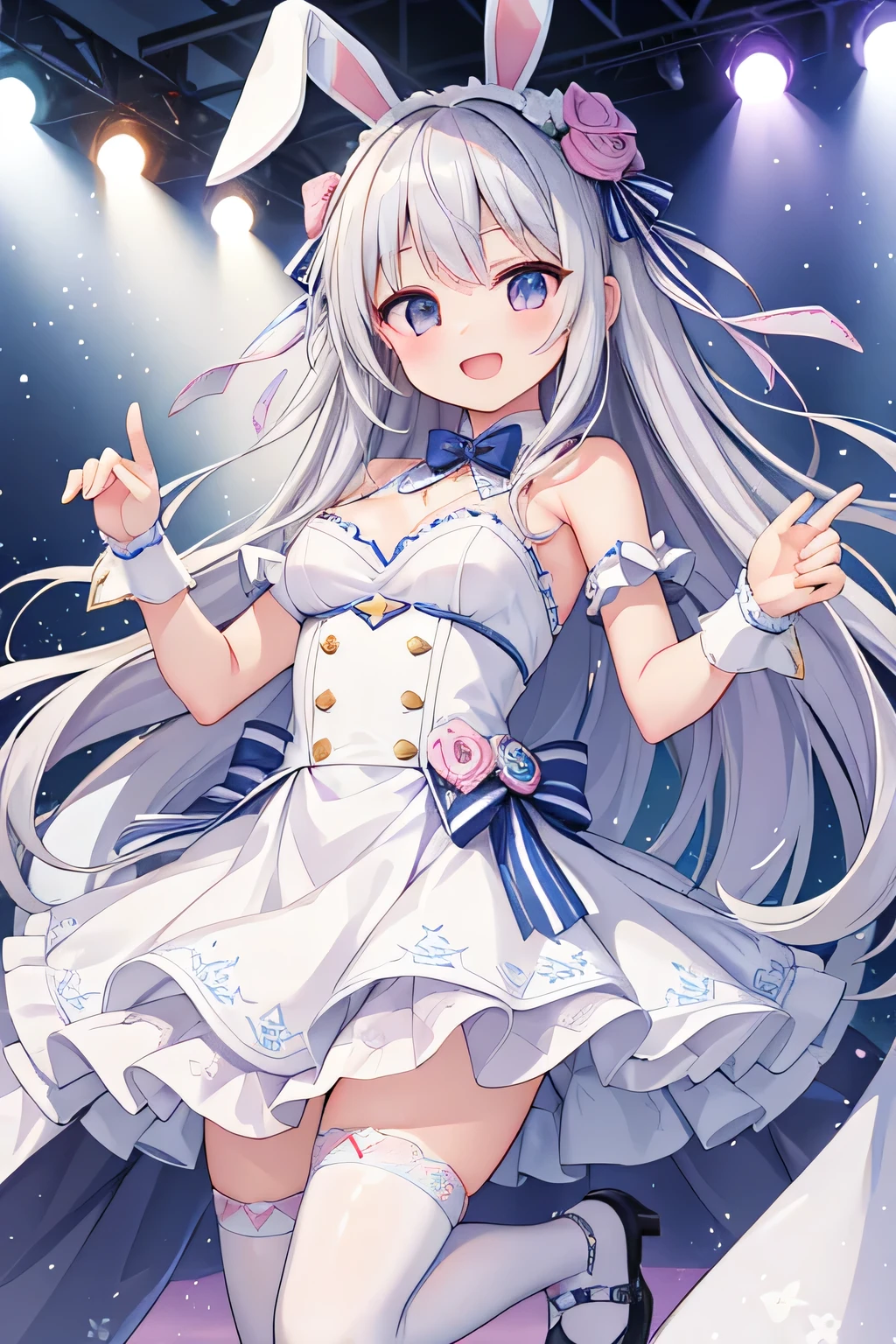 highest quality、White bunny ears、Long silver hair、smile、Idol Costumes、Live Stage