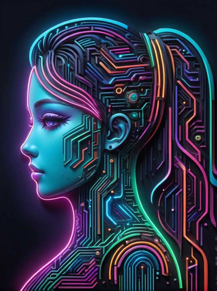 (Neon)，Circuit Board，Neon gradient light blue，Turquoise and purple artwork，(Full body rainbow image of a  princess and her mom)，(anatomically correct), (The background is solid black:1.5)，Chinese style，Fine lines，Clear lines，bold vibrant colours，Realistic form，shadow，perspective，(Cubist Futurism, Conceptual art, Surrealism, UHD, masterpiece, ccurate, textured skin, super detail, high details, award winning, best quality, 8k), Super detailed, (1.4 times more realism)