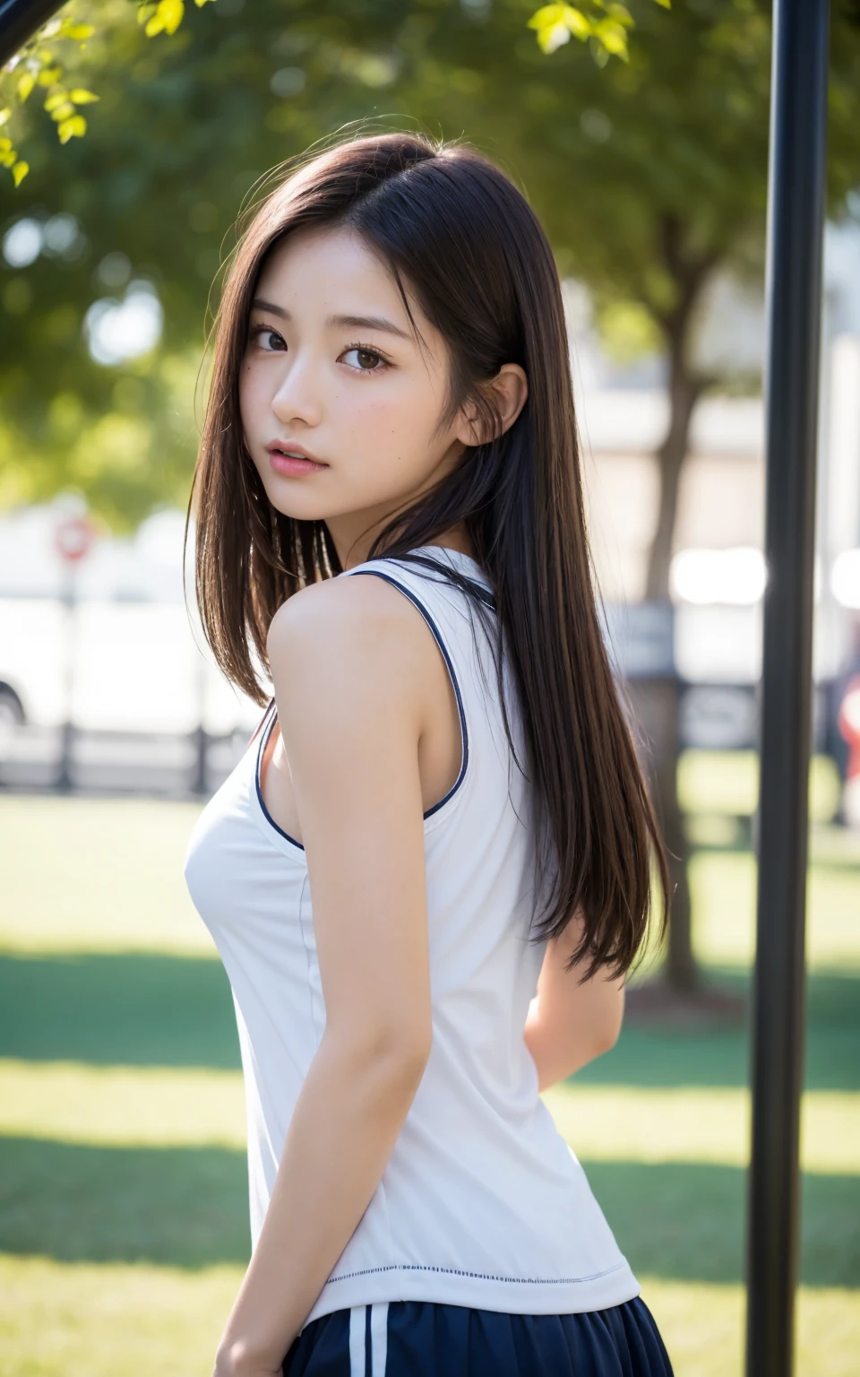 （8k、live-action、Raw photo、highest quality、masterpiece：1.2),(Outdoors,Front lighting:1.2),((Perfect lighting)),(Long Bob Cut),Watching the audience,Looking up,Looking at the front,Sexy pose, back,strong,Erotic,18-year-old,student,White skin,knees,Absurd,Small Face,前hairを真ん中から分けます、The forehead is visible,(Be embarrassed,Tight eyes,Glare,strong,skinny,skinny,get annoyed)、masterpiece,highest quality、超A high resolution,one person, solo,Close-up shot、cute、Back to Students,(Sporty clothes:1.3),High school girl,Japanese women,standing,（フォトReal：1.37）、Photon Mapping,Realistic、cuteSmall Face,Brown eyes、prospect、Depth of written boundary、Blurred Background、Real,(前hairが見える), hair, kneesが見える, thigh,(Nogizaka Idol), actress、Big and ample breasts、Cleavage、Super fine、Low people、(Skin with visible pores:1.2)、(Focus on the face)、8 heads、Natural neck、Check and correct the skeleton