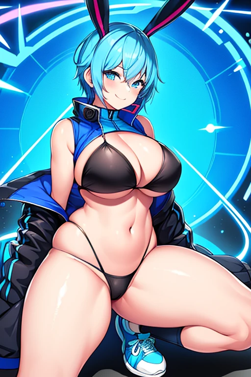 1girl, breasts, thick thighs, hourglass figure, toned, smile, light smile, blue hair, light blue hair, blue eyes, very short hair, pixie cut, shoes, sneakers, socks, ((socks)), bikini, black bikini, jacket, black jacket, open jacket, neon trim, neon, neon lights, blue trim, tech, machinery, science-fiction, futuristic, bunny ears, rabbit ears, cropped jacket, ((cropped jacket))