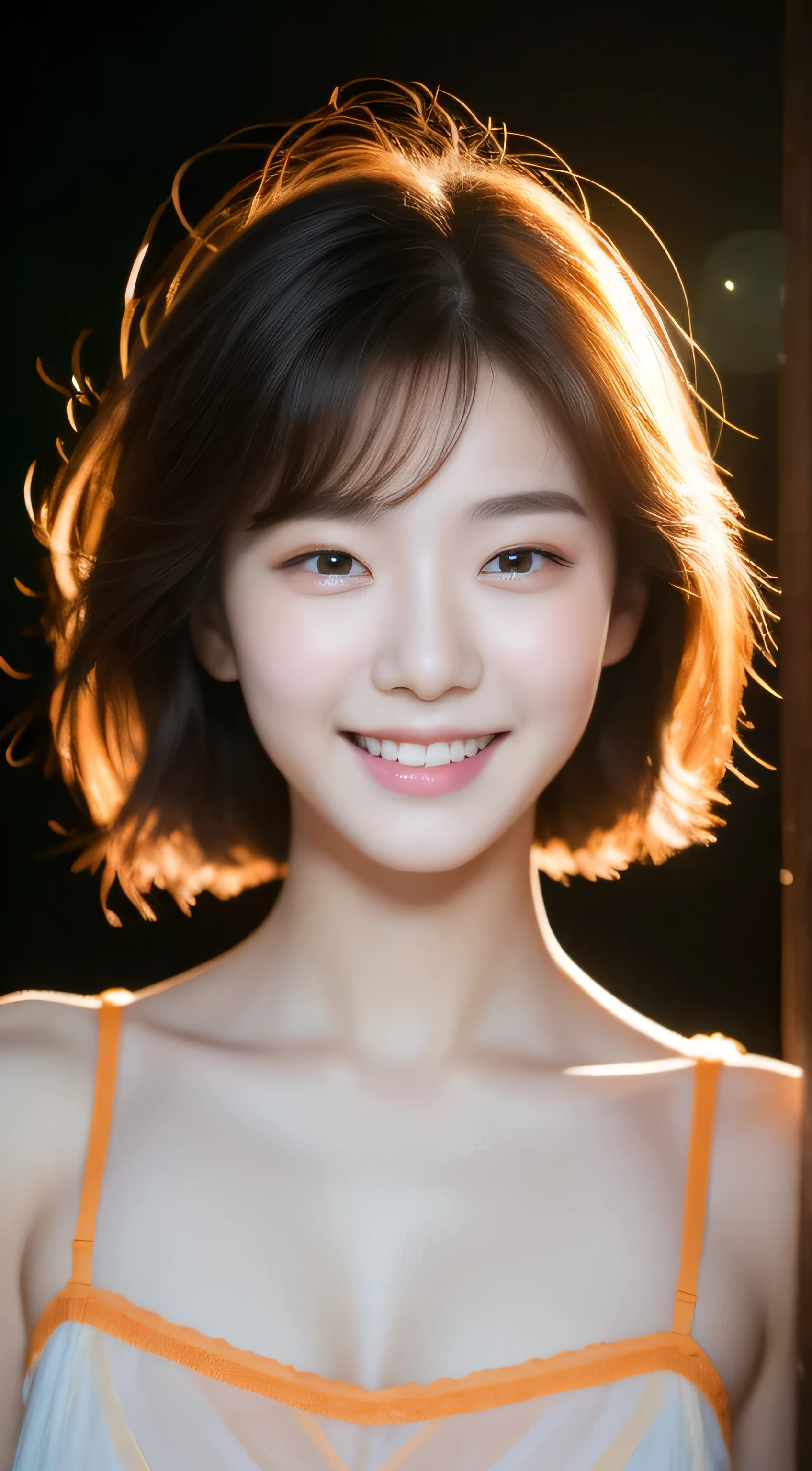 (original photography), (realism), (masterpiece), (top quality), high resolution, 16k resolution, 1 cute real photo of Korean stars,18 years old，messy hair，White skin, Light makeup, Bust 32 inches, Smile, Wearing an orange camisole, In the Japanese Garden, Sunset lights, Close-up portrait, Ultra HD