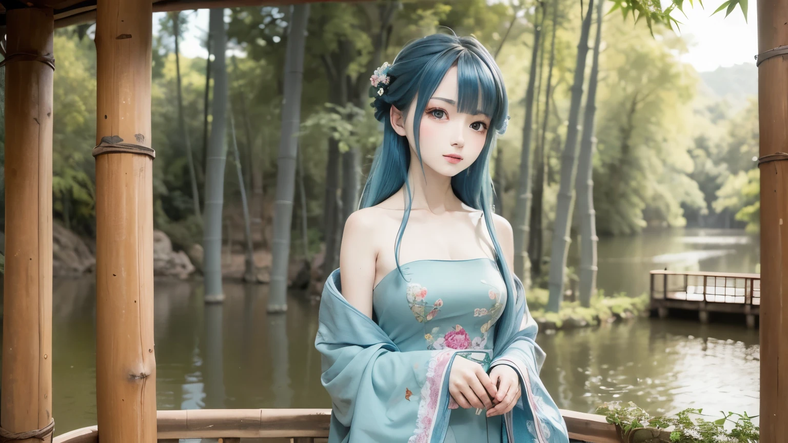 masterpiece, best quality, official art, 8k wallpaper, Very detailed, illustration, 1 girl, blue hair, Long hair, Delicate eyes, Forrest, Bare shoulders, Hanfu,lake, pure, Gentle smile,bamboo,Tea