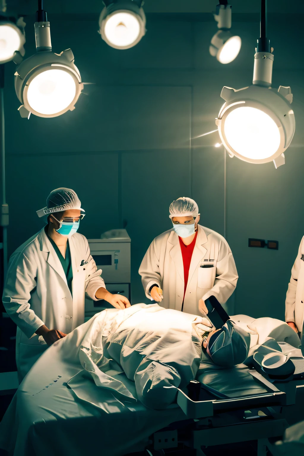 Title: Aerial View of Surgeons in Operation: Eerie Atmosphere Description: Generate an image portraying an aerial perspective of men in white coats performing surgery in a dimly lit environment. The scene should depict a surgical theater with a somber ambiance, characterized by subdued lighting casting shadows across the room. From the overhead view, surgeons in their white coats should be seen gathered around the operating table, deeply engrossed in the surgical procedure. The surgical team's focused expressions should be illuminated by the glow of surgical lights, highlighting their precision and concentration. The overall mood should evoke a sense of intensity and solemnity, as the medical professionals work diligently in the dimly lit operating room.