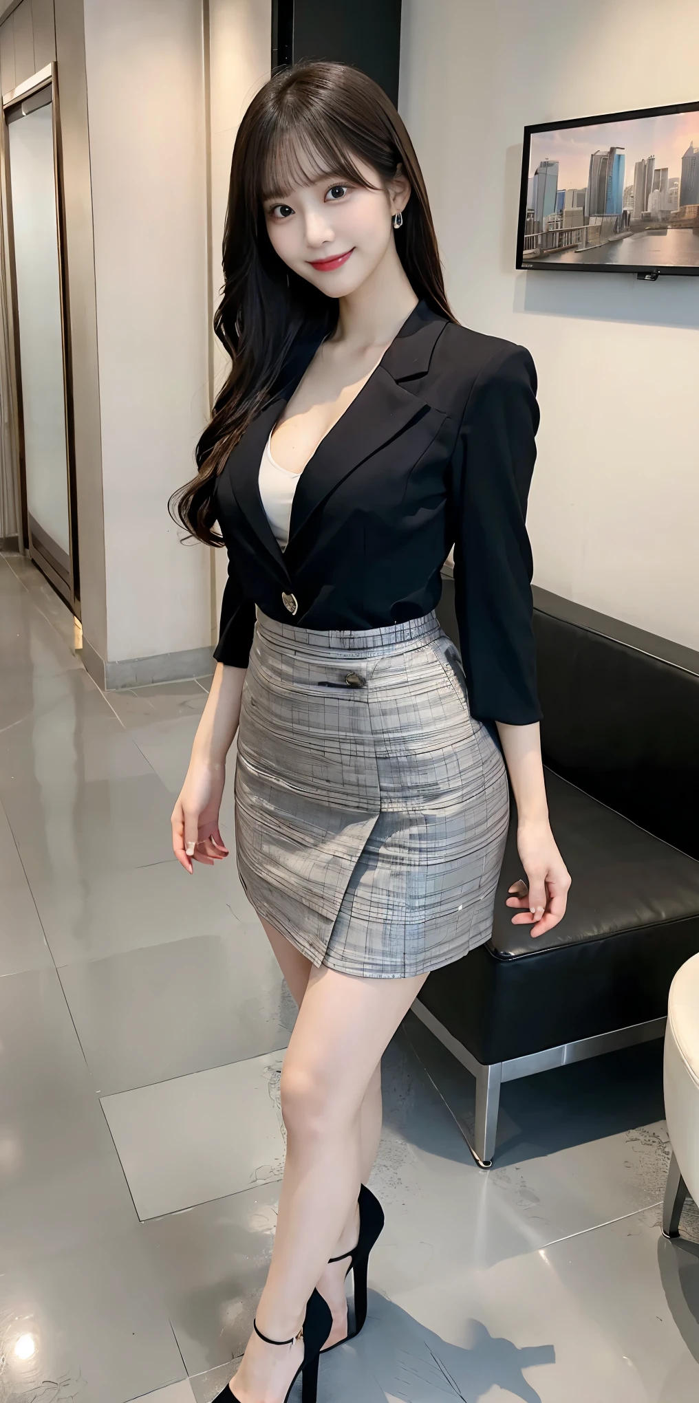 Angle from below、Company lobby、Korean idol style、Modern suitini skirt、Cleavage(Very large breasts、Very thin and long legs、Perfect figure、High heels、whole body、smile)、1 female、No makeup、23 years old、(masterpiece、8K,RAW Photos、High resolution:1.4)