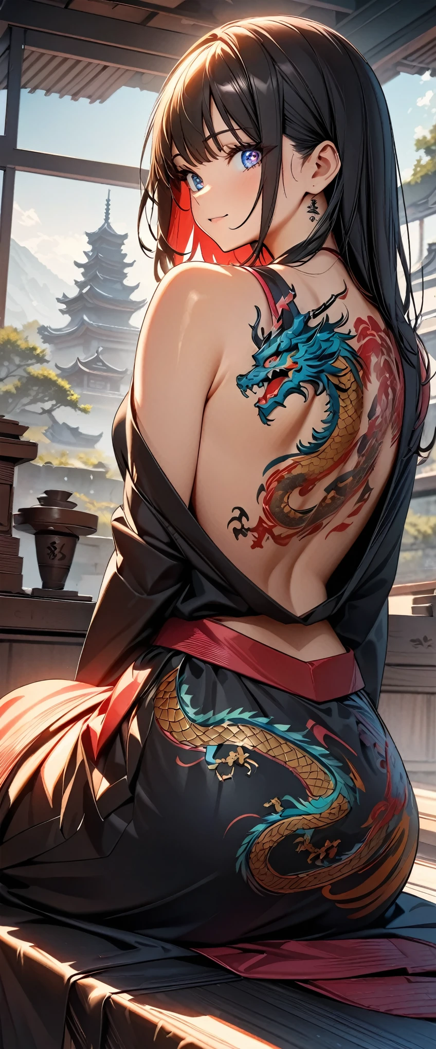 (highest quality:1.2, Very detailed, Latest, Vibrant, Ultra-high resolution, High Contrast, masterpiece:1.2, highest quality, Best aesthetics), (((1 girl))), From the back, big dragon tattoo on back, Tattoo on back, Beautiful nudes, Beautiful back, Pull up your hair, Nape, Detailed tattoo representation, Colorful tattoo dragon, Fine image, A woman with a slender body, The kimono is fluttering, Beautiful Skin, (Detailed Eye Expression:1.2), Beautiful woman looking back, Sitting, Cowboy Shot, Black Hair, Long Hair, Dutch Angle,