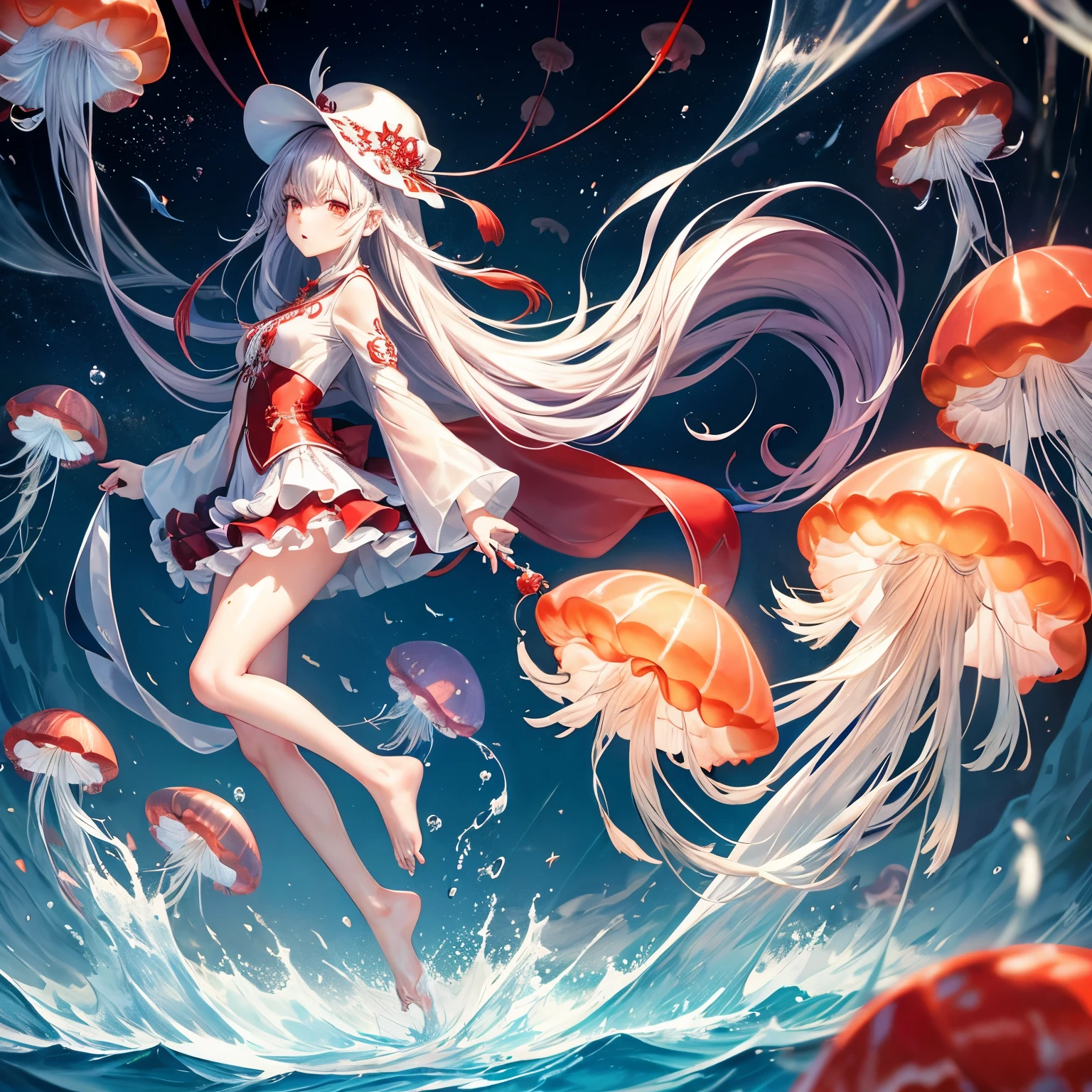 Jellyfish,White and red gradient straight hair,Gothic cap,Water shaped tattoo on left eye,Hat hanging beads,Water textured tutu skirt,There is a tailing,barefoot,脚上有Jellyfish元素花纹,The skin color gradually changes from red to red under the feet,上衣类似Jellyfish触角,Long sleeves that are narrow at the top and wide at the bottom,Long-range weapons
