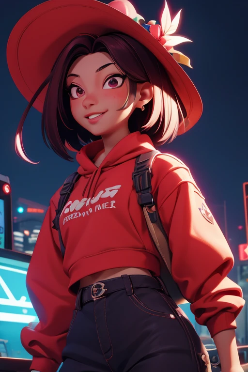 1 chica, hermoso, sonrisa afectada, luciendo un sombrero, pendientes, rojo camo sweatshirt, rojo_shorts cortos, pelo largo, By the chestnut, mask, labios de la nariz, de pie, diafragma, naval, pendientes, (realista:1.5), ciberpunk, neon city, neon lights, 3D, cgi, volumetric lighting
