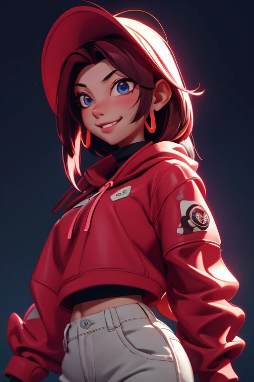 1 chica, hermoso, sonrisa afectada, luciendo un sombrero, pendientes, rojo camo sweatshirt, rojo_shorts cortos, pelo largo, By the chestnut, mask, labios de la nariz, de pie, diafragma, naval, pendientes, (realista:1.5), ciberpunk, neon city, neon lights, 3D, cgi, volumetric lighting