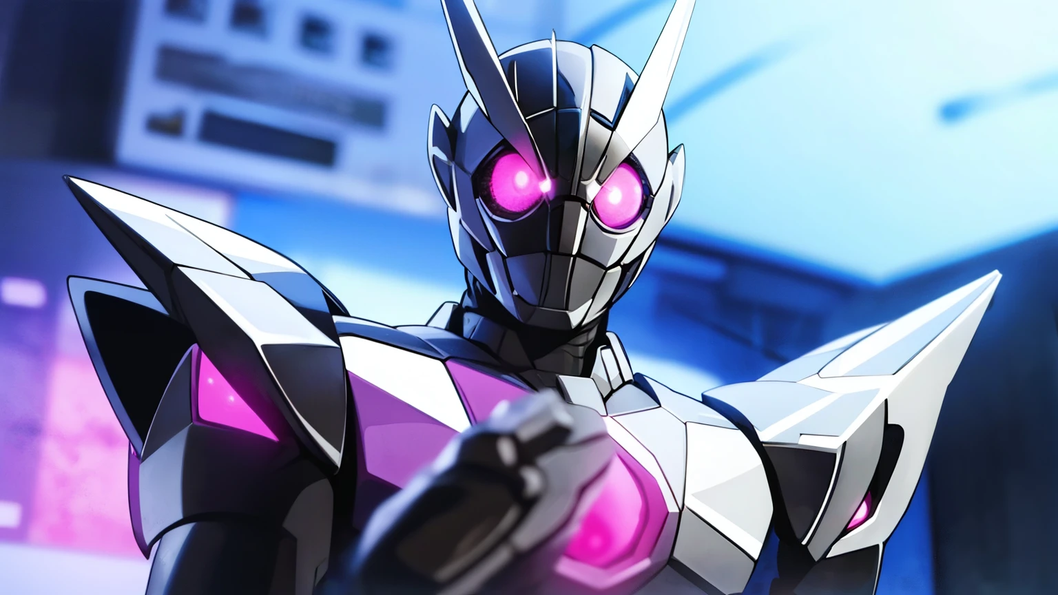 1male, kamen rider, black and white armor, pink hue, cerulean blue LED eyes, black hole motif, star motif, futuristic, visual novel cg style, BREAK looking at viewer, BREAK (masterpiece:1.2), best quality, high resolution, unity' 8k wallpaper, (illustration:0.8), (beautiful detailed eyes:1.6), extremely detailed face, perfect lighting, extremely detailed CG, (perfect hands, perfect anatomy)