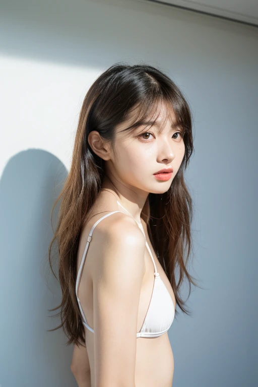 Real, Best Quality, Girl, Beautiful Girl, High Resolution, Natural Skin, Portrait, Looking at Camera, Photo_Light, {{}}, Ulzzang-6500-v1.1:0.8 Facing forward, standing upright, no makeup, in front of an inorganic white wall indoors, bikini