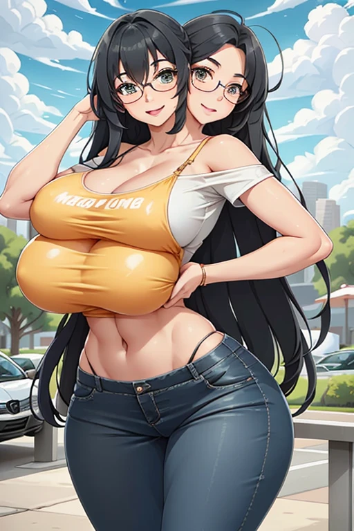 2heads, a tall thin woman with 2 heads. She has big breasts. She is outside at the park. She is wearing a band T-shirt. She is wearing jeans. She is wearing thick glasses. She has long black curly hair. She looks mature. She has big perky breasts. She is extremely tall. She is very thin. She looks seductive. She looks flirty. She looks happy, smiling wide. Blushing. She has small breasts. She has a lot of freckles. She has 2 heads. She is very skinny. Her breasts are small and perky. She is wearing eyeliner.