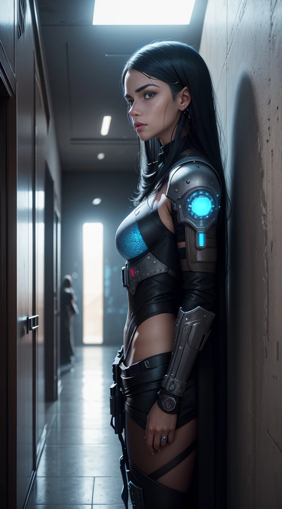 Algada woman with freckles and blue eyes standing in front of the wall, Realistic portrait of the film, 8K portrait rendering, Realistic face moody lighting, Hyperrealistic Cyberpunk Art 8K, Cyberpunk style Surreal, Soft portrait photo 8k, 8k realistic digital art, Cyberpunk style ， Surreal, realistic 4k digital art, realistic 4k digital art