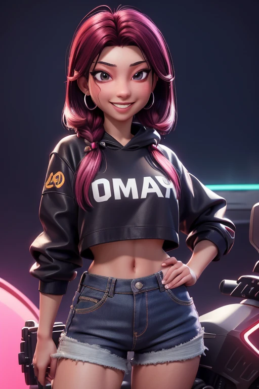 1 chica, hermoso, sonrisa afectada, luciendo un sombrero, pendientes, rojo camo sweatshirt, rojo_shorts cortos, pelo largo, By the chestnut, mask, labios de la nariz, de pie, diafragma, naval, pendientes, (realista:1.5), ciberpunk, neon city, neon lights, 3D, cgi, volumetric lighting