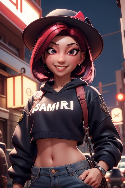 1 chica, hermoso, sonrisa afectada, luciendo un sombrero, pendientes, rojo camo sweatshirt, rojo_shorts cortos, pelo largo, By the chestnut, mask, labios de la nariz, de pie, diafragma, naval, pendientes, (realista:1.5), ciberpunk, neon city, neon lights, 3D, cgi, volumetric lighting