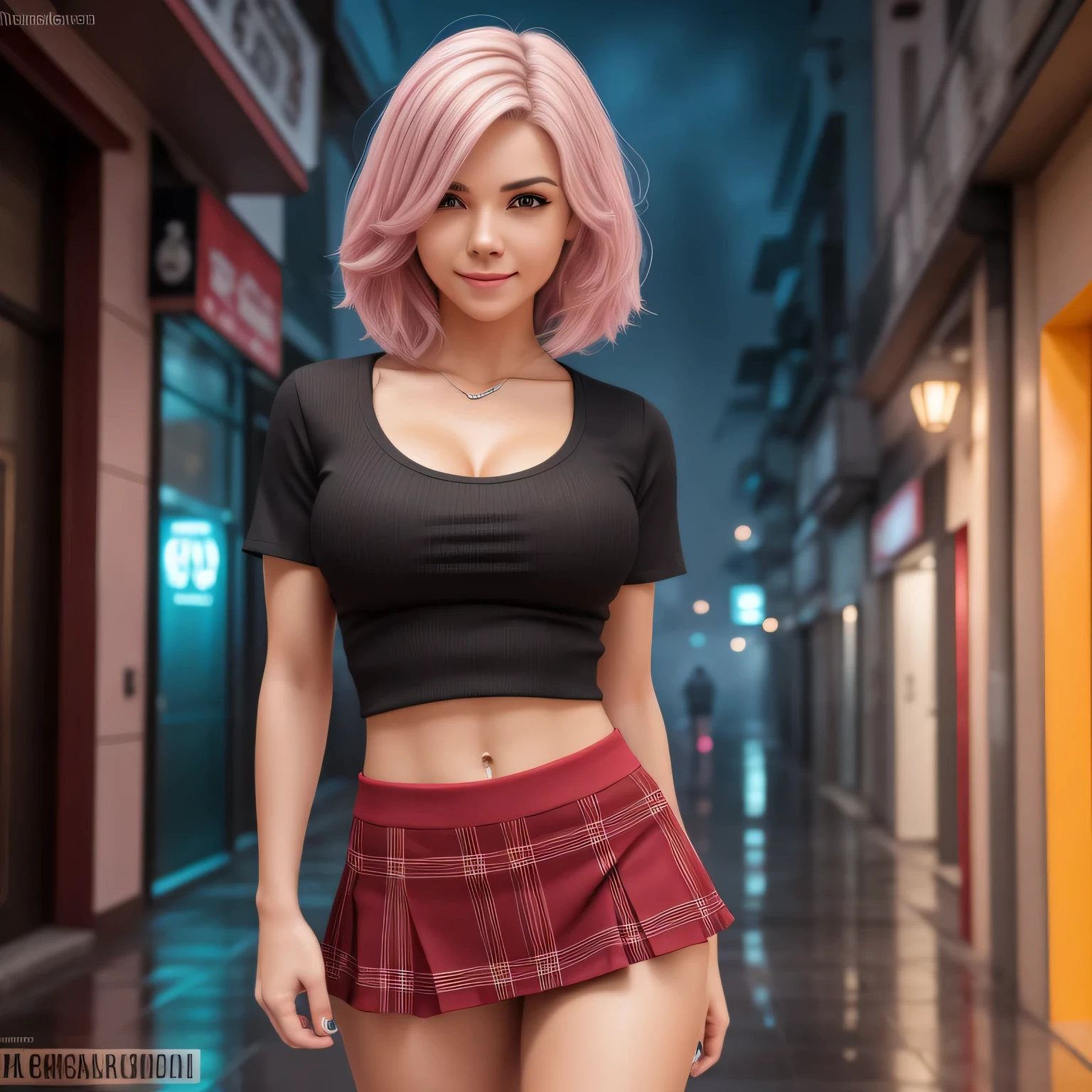 20k photograph, A full body photo, photorealistic, 20 years old smiling American woman, Masterpiece of realistic style, exceptional quality and ultra minute details, sensual hot, super sexy, super sensual, hyper hot, very dark night school outfit bright colors white color, short pink hair, goddess red, white top with red, plaid skirt and stripes, detailed face hazelnut eyes, detailed face, detailed eyes, cyberpunk empty city, mexico rainy night with mist, alone, tanned, hazelnut eyes, thin nose elongated face, narrow pumulus athletic body, muscular body, , very narrow waist, , fitness body, detailed face, detailed body, detailed muscles, detailed skin, miniskirt, short skirt, arms behind, curvy, hdr, 8k, best quality, detailed, (very large fake silicon implants)