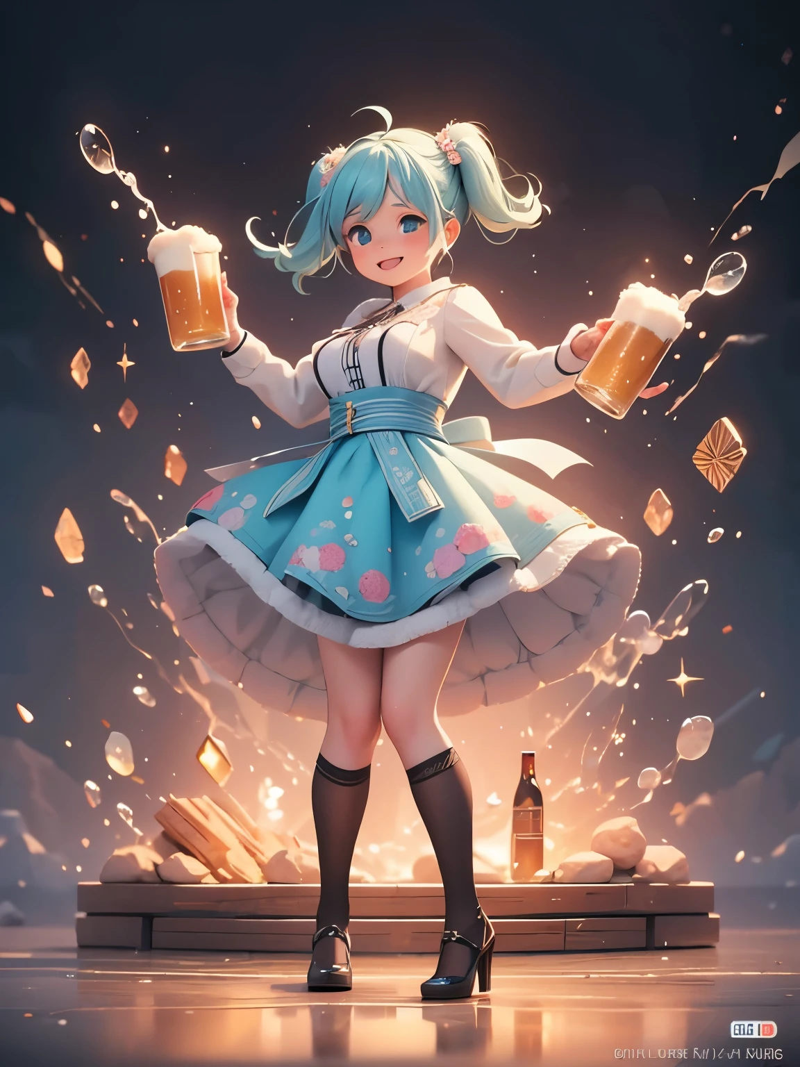 (masterpiece、最高quality、最高quality、Official Art、Beautiful and beautiful:1.2)、(One girl:1.3)Hatsune Miku、Twin tails,Big Breasts,woman\(cute,cute,Small ,Skin color is white,Balma 1d3n,Gathered skirt,dress,German clothes,Beer ,Knee socks,Braiding,High heels,twin Braidings,hold many Beer  Mugs,Big smile,(Large Breasts),German,(Dynamic Angle),(Dynamic pose)\),background\(Bavarian Folk Festival,outside,Beer  barrels,Beer  Mug,Mug\), break ,quality\(8k,非常に精細なCGユニットのwallpaper, masterpiece,High resolution,top-quality,top-quality real texture skin,Surreal,Increase the resolution,RAW Photos,最高quality,Very detailed,wallpaper,Cinema Lighting,Ray-tracing,Golden Ratio,\),